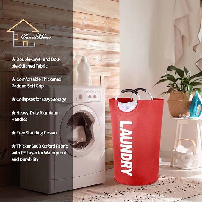Large Laundry Basket Collapsible，Freestanding Clothes Hamper Bag with Handles – Tall Folding Dirty Laundry Bin，Sturdy Laundry Sorter for College Dorm，Laundry Room – 131L (Red)