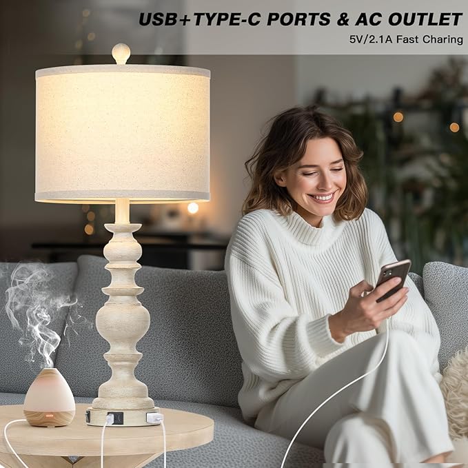 27.5" Beige Farmhouse Table Lamps for Living Room, Rustic Bedside Lamps with USB C+A Ports & AC Outlet, Vintage Bedroom Lamp Set of 2, Tradition Night Stands Lamp for Side End Table Desk