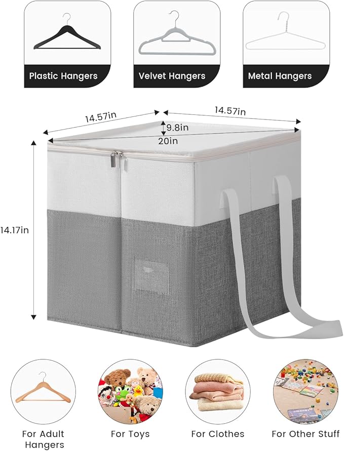 2-Pack Rigid Clothes Hanger Organizer Bag with Dust-Proof Lid, Hanger Storage Holder with Support Boards, Large Capacity Clothes Storage Containers with Handle for Closet Laundry Rooms