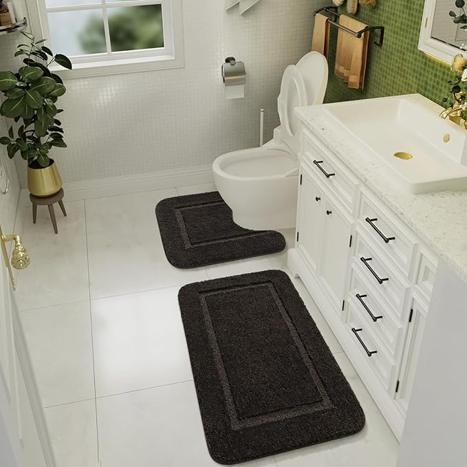 LOCHAS Bathroom Rug Set Brown, Soft Bath Rug Set 2 Piece, Toilet Mat U-Shaped 20x20 and 34x20 Bath Rugs, Quickly Dry Mats for Bathroom, Tub, Washable, Super Absorbent Floor Mat
