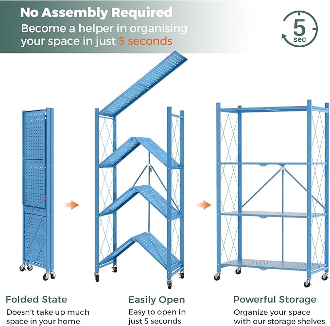 DEANIC 4 Tier Foldable Storage Shelves with Wheels, Large Capacity Shelving Unit, Freestanding Metal Wire Shelf Rack, No Assembly Organizer Rack for Garage Kitchen, Basement, Pantry(Blue Pack of 2)