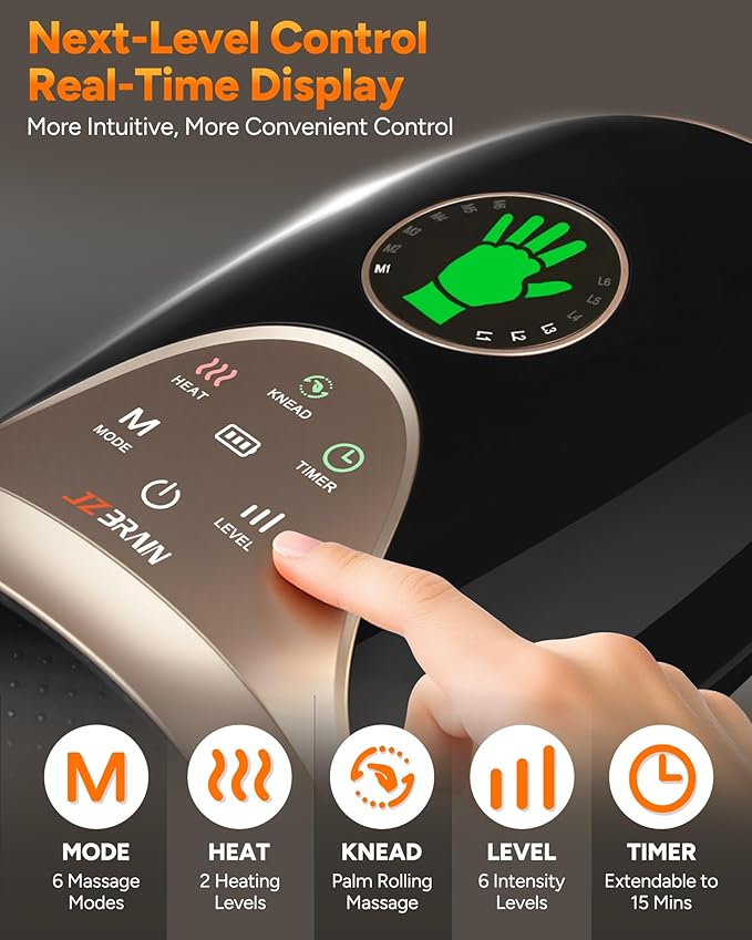 Hand Massager with Heat and Compression : Hand and Wrist Massager with Customizable Modes, Finger Stretch Function, Visual Display, Palm Roller - Daily Comfort for Women, Men, Home, Office Use
