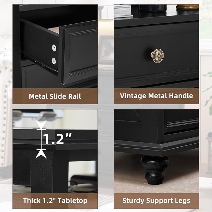 Farmhouse Nightstand Set of 2 with Charging Station, 24" Wide End Table with 2 Drawers,Wood Dresser for Bedroom,Black Bed Side Table Chest of Drawers Cabinet,Night Stand for Living Room