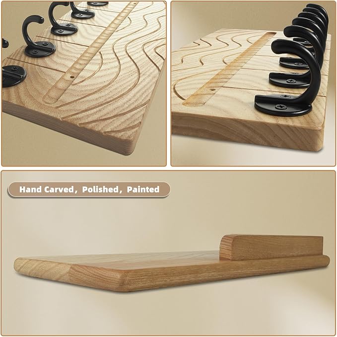 Key Holder Wall Decor-11.8" Solid Ash Wood Entryway Organizer with 6 Hooks & Extra Deep Storage Rack for Key, Mail, Wallet, Leash, Glasses, Hand-Polished & Stained, Easy-Assembly