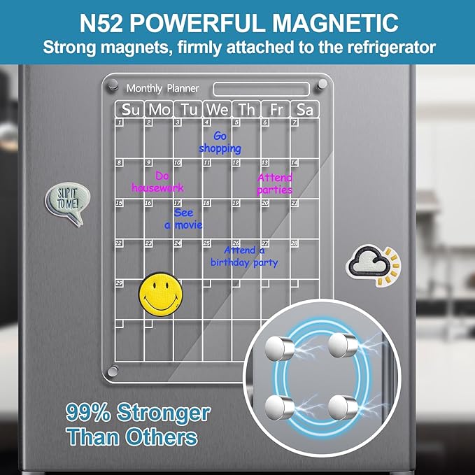 Acrylic Magnetic Calendar for Fridge, 16"x12" Inches Clear Acrylic Magnetic Dry Erase Planning Board of Monthly Calendar for Refrigerator with 6 Colored Markers