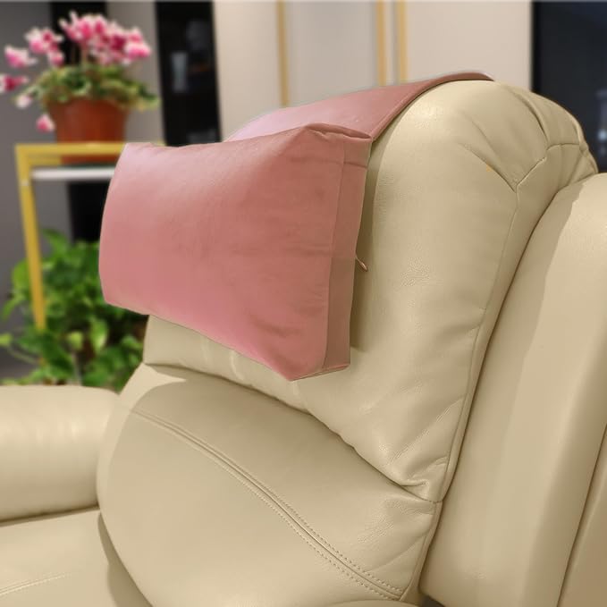 Velvet Recliner Head Pillow with Non-Slip Base - Adjustable Neck Support for Pain Relief in Home, Office and Travel (Pink)