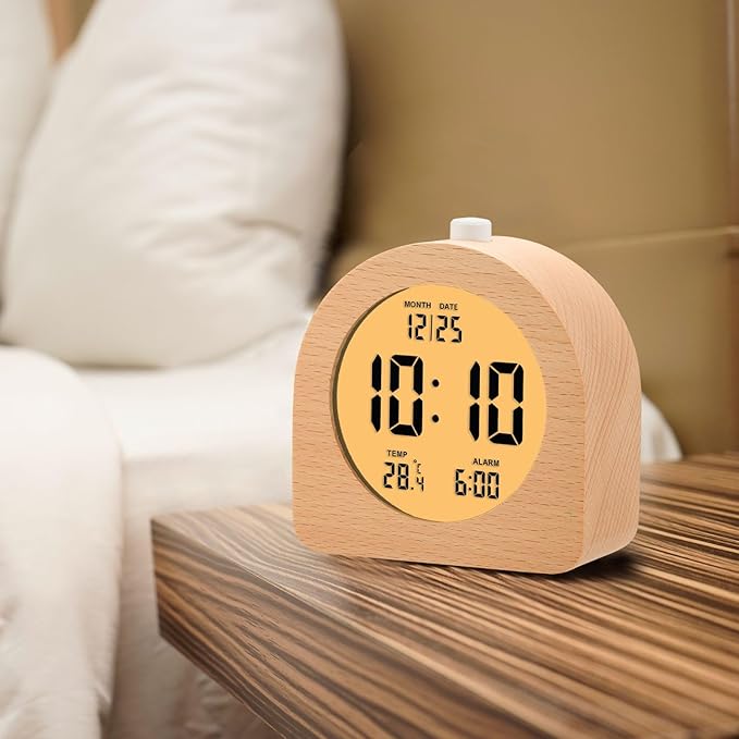 Plumeet Wooden Digital Alarm Clock for Bedrooms, Wood 4'' Battery Powered Alarm Clock with Snooze and Nightlight, Electronic LCD Desk Clock Display Time, Date, Temp, 12/24H, Wood Décor, Round, Brown