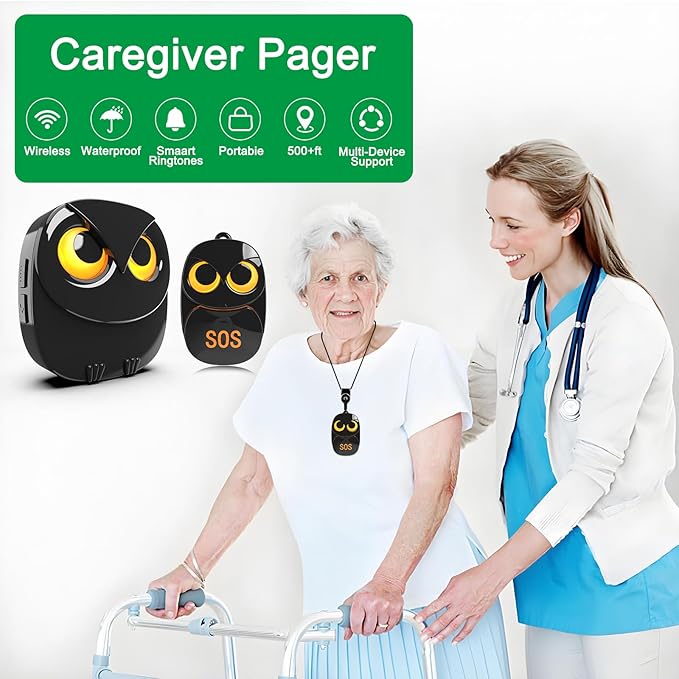 HTZSAFE Caregiver Pager Wireless Call Button 500+ Feet, SOS Alert Nurse Calling Elderly Fall Help System for Patient/Disabled Monitoring at Home, IP55 Waterproof, 2 Transmitters + 2 Receivers, Black