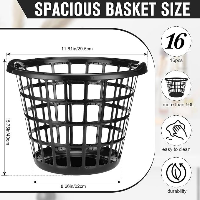 Uiifan 16 Pcs Black Lightweight Laundry Baskets Plastic Large Round Bushel Baskets Capacity Plastic Clothes Basket Space Saving Narrow Laundry Hampers