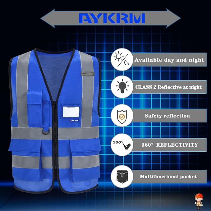 A-SAFETY XSmall Blue Safety Vest Reflective Work Vest,Hi Vis vest 7 Pockets, X-Small