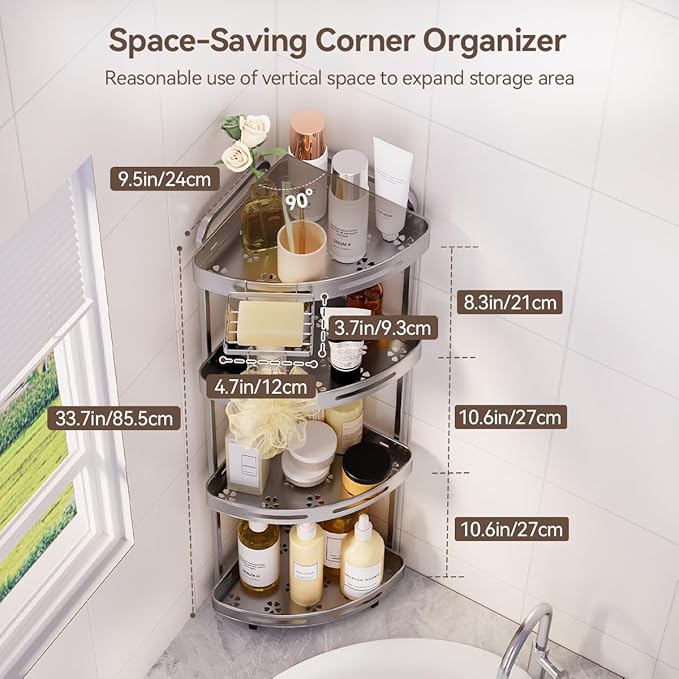 Corner Shower Caddy Stand, 4 Tier Rustproof Standing Shower Organizer with Soap Holder, Aluminum Shower Shelf for Bathroom Storage, Silver