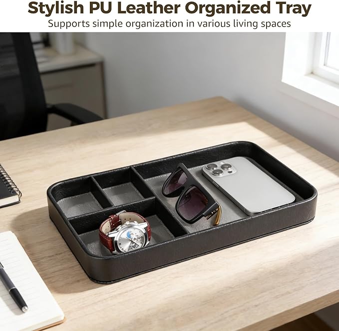 4-Compartment PU Leather Tray, Divided Catchall Organizer for Desk and Entryway, Stylish PU Leather Valet Tray, Multifunctional Storage Organizer for Phone Key Watch Wallet Jewelry