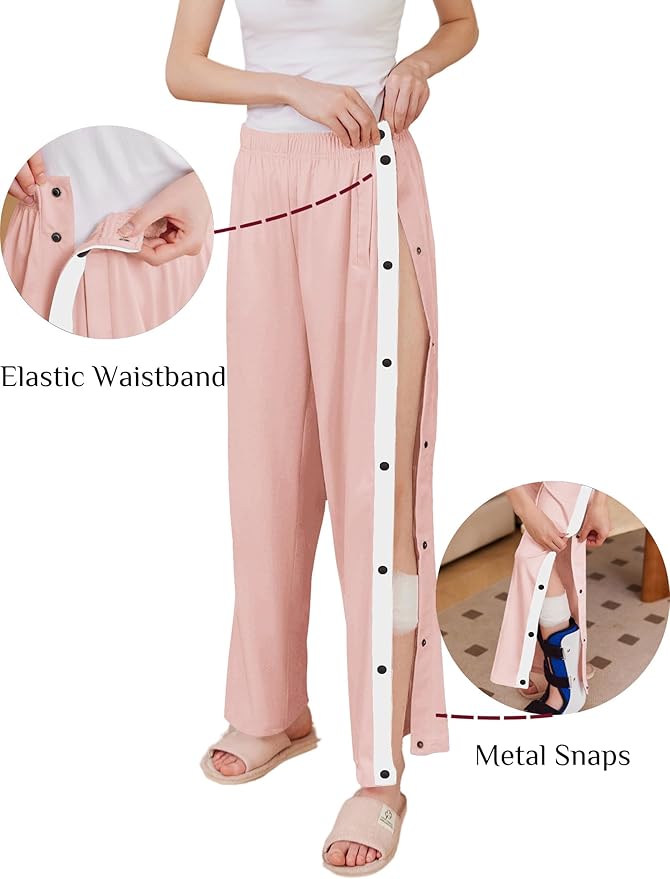 Deyeek Women's Tear Away Pants Side Split Snap Open Bottom Sweatpants Leg Breakaway Post Surgery Pants with Pockets