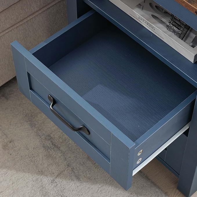 Blue Night Stand, Rustic End Table with Charging Station, Farmhouse Tall Nightstand for Bedroom, Drawer Dresser Bedside Table with Open Storage Shelf