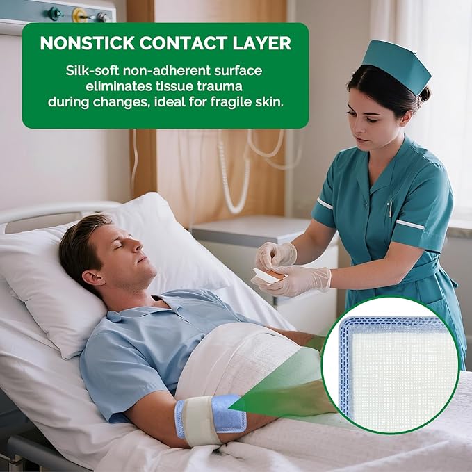 Super Absorbent Dressing for Wound Care 4" x 8" Individual Sterile Pack of 10 Nonstick Soft Surgical Gauze Pad Waterproof Wound Dressing Bandage for Heavily Exuding Wound Care