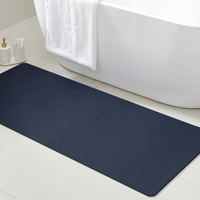 ACCUMTEK Ultra Thin Bath Mat, Upgrade Backing Non Slip Thin Bath Mats Fit Under Door, Quick Dry Ultra Absorbent Bathroom Rugs, Machine Washable Bath Rugs for Bathroom, Bathtub, Dark Blue/Solid/59 x20