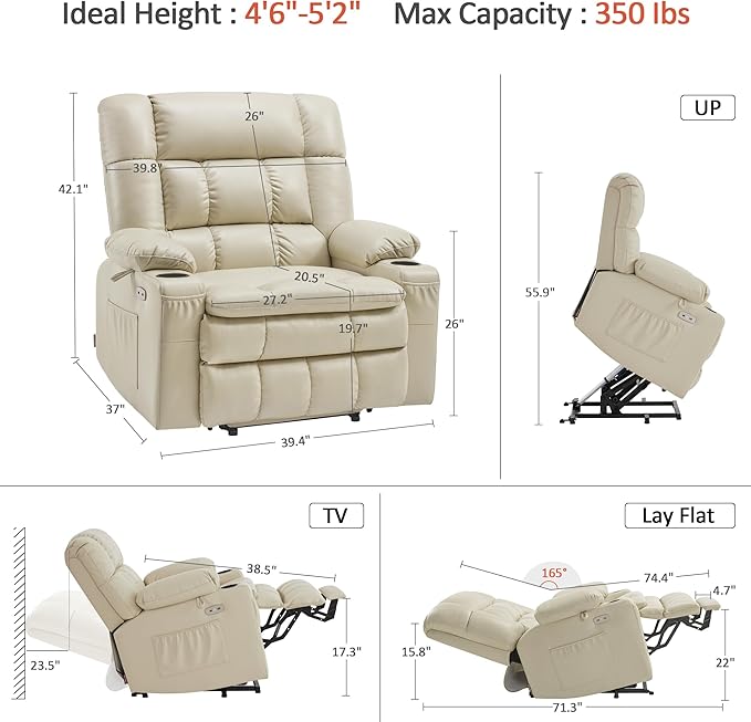 MCombo Dual Motor Power Lift Recliner Chair for Elderly, Lay Flat Lift Chair with Heat and Massage, Petite Wide Lift Chair, Cup Holders, USB A&C Ports, Faux Leather R7894 (Cream White, Small-Wide)