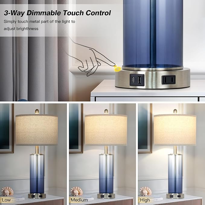 26 Inch Blue Glass Lamp Single, 3-Way Dimmable Touch Control Coastal Bedroom Table Lamp with USB C+A Ports & AC Outlet, Bed Side Lamps for Nightstand, Living Room Lamps for Side Table Office