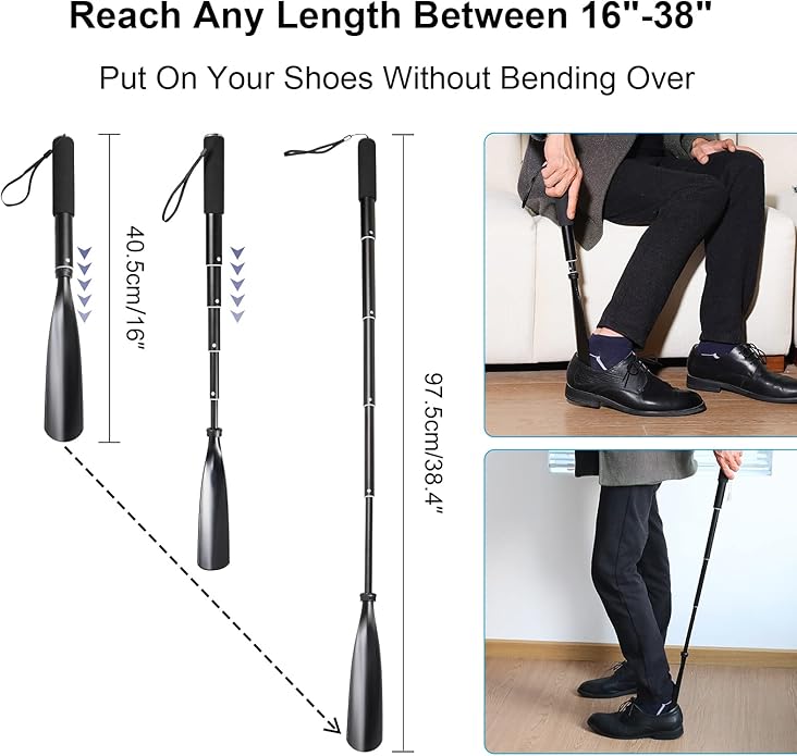Mishell Shoe Horn Long Handle, Telescopic 16"-38", Sturdy Aluminium Alloy, Shoe Horn Long Handle For Seniors Men Women Kids, Shoehorn Long-handled for Boots, Long Shoe Horn For Men