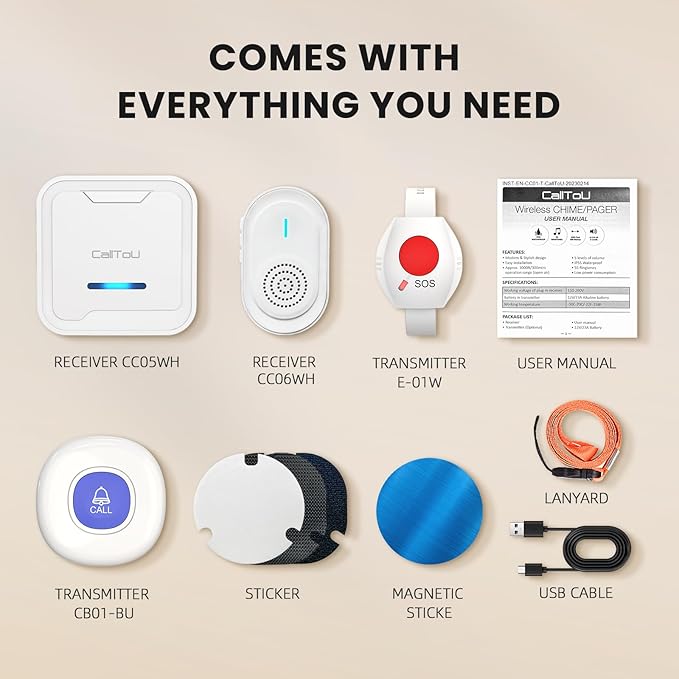 CallToU Caregiver Pager Wireless Call Button for Elderly, Medical Alert Systems for Seniors/Elderly Monitoring with 2 Call Bell, 500+Feet, 1 Plug-in Receiver+1 USB Receiver for Home Patients Emergency