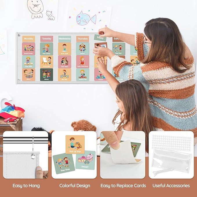 Godery Large Visual Schedule for Kids Chore Reward Chart,Bedtime Routine Chart for Toddlers,Double Side Schedule Board with 109 Cards for Home School Planner,Autism Learning Materials (White)