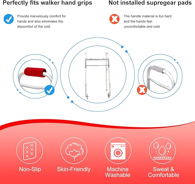 supregear Walker Grips (2 Pack), Soft Padded Hand Covers, Non-Slip Comfortable Cushion Padding for Folding Walker Handle, Moisture Wicking Mobility Accessory