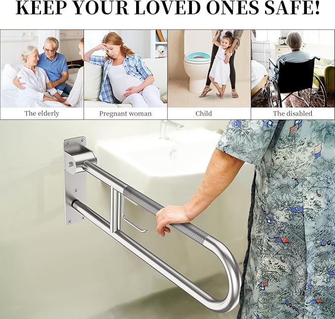 Toilet Grab Bar 30.3 Inch, YuanDe Brushed Nickel Anti-Slip Support Rail, U Shaped Flip-Up Grab Bar with Paper Holder, Stainless Steel Knurled Handicap Safety Handrails for Disabled Elderly Pregnant