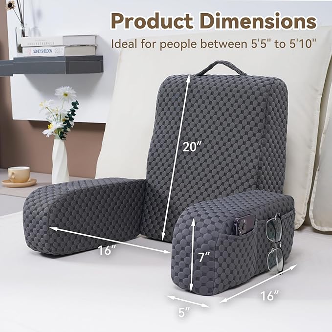 Bed Reading Pillow Back Support with Arms, Removable Pillowcase for Book Working Gaming Resting Watching TV, White Gray/20in