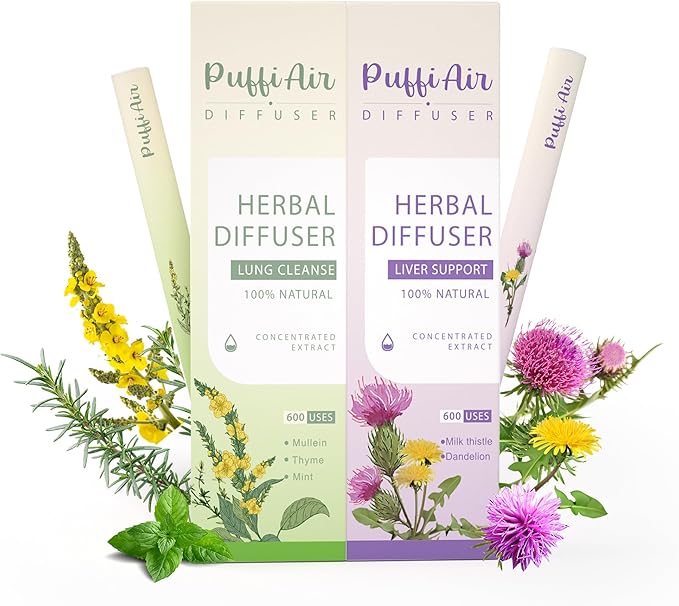 PUFFIAIR Inner Balance Duo Herbal Diffuser Pen Set | Mullein Cleanse Inspired Blend for Daily Reset | Green Purple | 2 Count