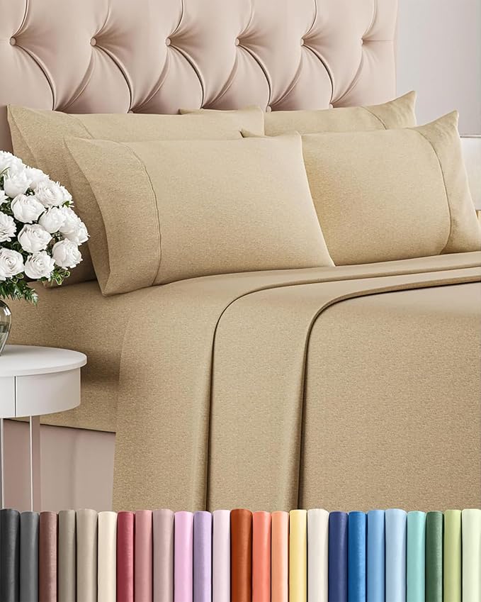 Cal King 6 Piece Sheet Set - Cooling, Comfy & Breathable - Hotel Luxury Bedding for Women, Men, Kids & Teens - 1 Flat & 1 Fitted Sheet & 4 Pillowcases with Deep Pockets - Wrinkle Free - Heathered Tan