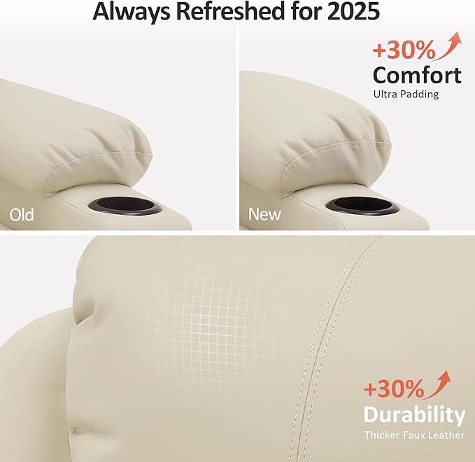 MCombo Large Power Lift Recliner Chair with Massage and Heat for Tall Elderly People, 3 Positions, Cup Holders, and USB Ports, Faux Leather 7516 (Large, Cream White)