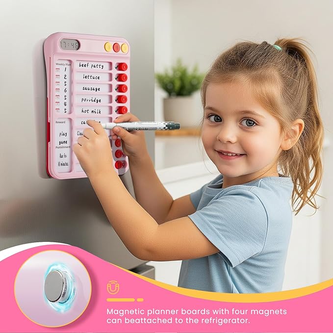 Magnetic Chore Chart for Kids with Time Timer, 99-Min Countdown/Up Visual Timer, Dry-Erase Reward Chart with Sliders, to Do List & Routine Checklist, Visual Schedule, Autism/ADHD Tools (Pink)