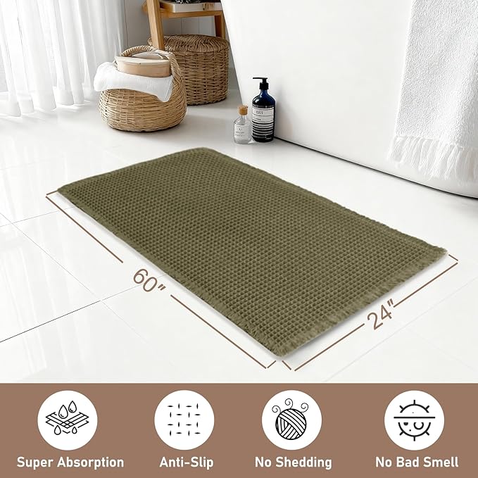 Hiasan Waffle Bath Mat, Super Absorbent Non Slip Bathroom Boho Rug with Tassels, Machine Washable Bath Mats for Bathroom, Ultra Soft Rubber Backed Rug, Grayish Green, 24 x 60 Inches