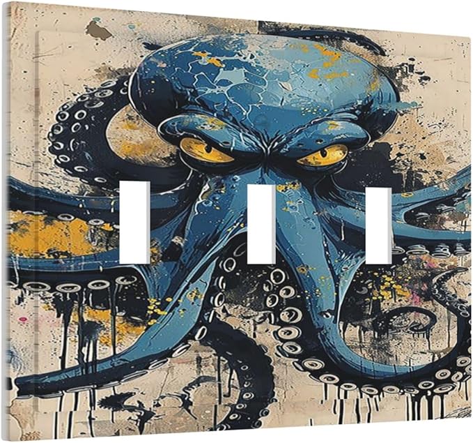 Decorative Switch Plates Nautical Vintage Blue Octopus Yellow Eyes Oil Watercolor 3 Gang Wall Plate Triple Toggle Light Switch Cover Faceplate Electrical Wall Panels for Kids room