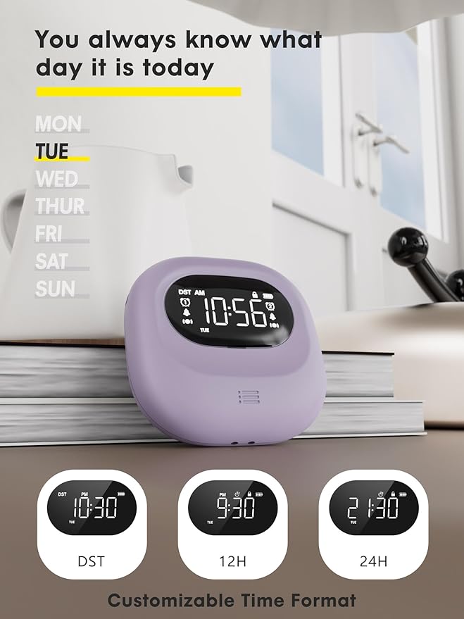 ROCAM Vibrating Alarm Clock for Heavy Sleepers, Rechargeable 3000mah Portable Deaf Clock Bed Shaker for Bedroom Or Dorm, Dual Alarm 160-Day Standby Mini Alarm Clock for Teens, Adults, Purple