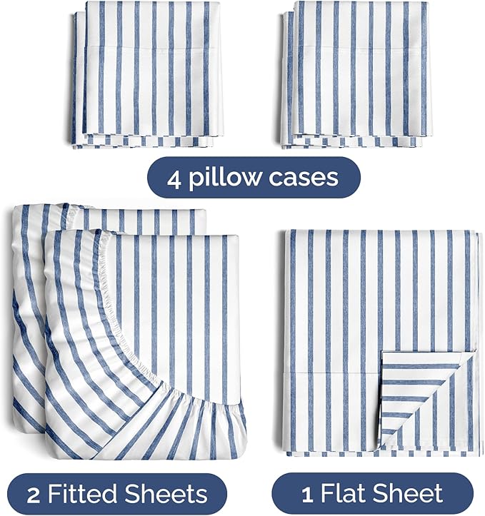 Split King 7 Piece Sheet Set - Cooling & Breathable Bed Sheets - Hotel Luxury Bed Sheets for Women, Men, Kids & Teens - Deep Pockets - Easy Fit - Soft & Wrinkle Free - Split King Blue Stripes Sheets