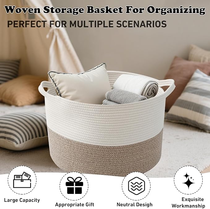 Large Storage Basket with Handle,23.6" x 23.6" x 15.7" Blanket Basket Storage Bins for Organizing,65L Cotton Rope Woven Baskets for Living Room, Nursery ,Bedroom,White&Brown
