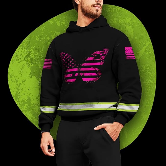 US Flag High Visibility Hoodie for Men Reflective Hoodie Safety Workwear for Worker Runner Patriotic ACC02