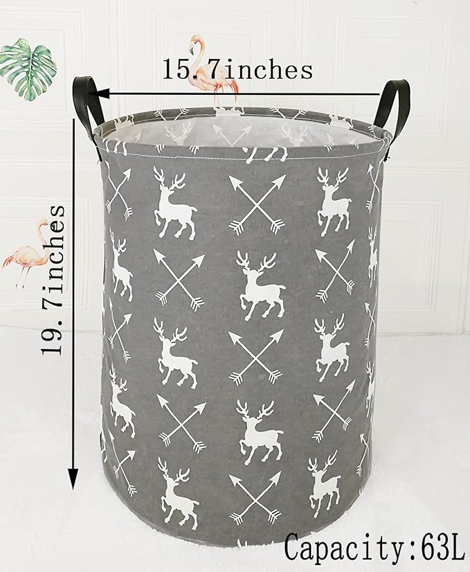 19.7 Inch Round Laundry Clothes Hamper Laundry Basket with Handles,Storage Organizer Bins Laundry Gift Basket for Room, Bedroom Decor (Deer)