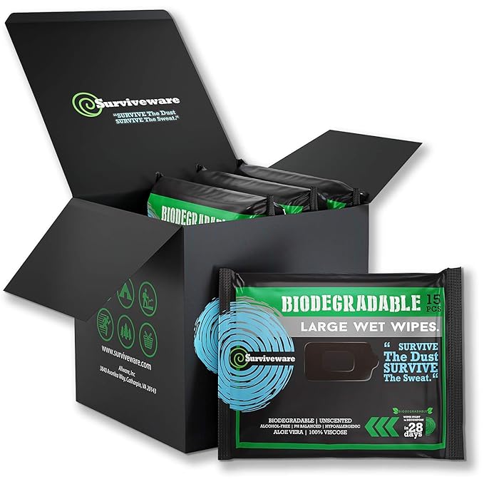 Surviveware Biodegradable Wipes Men or Women - Shower Wet Wipes Face, Body & Butt - Outdoors, Travel, Camping & Post Workout - Total of 60 Wipes - 15 Count, Pack of 4