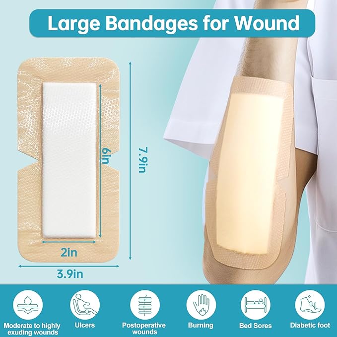 Dimora Silicone Foam Dressing with Border 4"X8" (10 Pack), Adhesive Large Bandages for Wound for Post Elbow Shoulder Knee Surgery Care