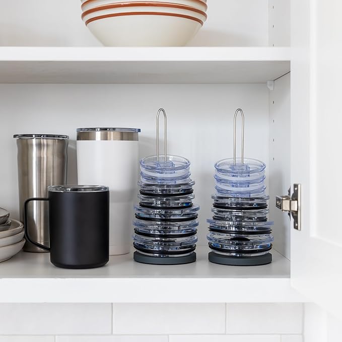 2-pk Tumbler Lid Organizer for Cabinet & Countertop - Slim Space-Saving Lid Holder with 9" Sturdy Bar & Weighted, Non-Slip Base - Vertical Storage Cup Lid Organizer - Collapsible Lid Rack for 10 Lids