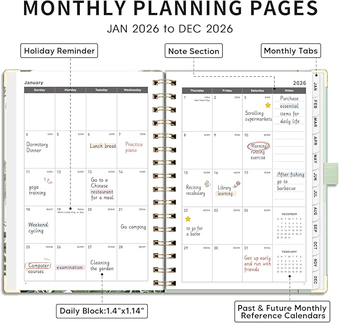 AHGXG 2026 Planner, Weekly and Monthly Planner for Women, Jan 2026 - Dec 2026, Medium Size (5.7" x 8.3"), Calendar 2026, Hardcover with Monthly Tabs, Spiral-Bound, 100 GSM Thick Paper, Green-Forest