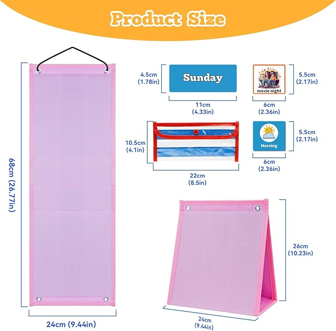 Visual Schedule for Kids Chore Chart，3 in 1 Daily Schedule Board Routine Pocket Chart Cards for Toddlers,Autism Learning Materials Tool Wall Planner for Home School with 103 Cards （Pink）