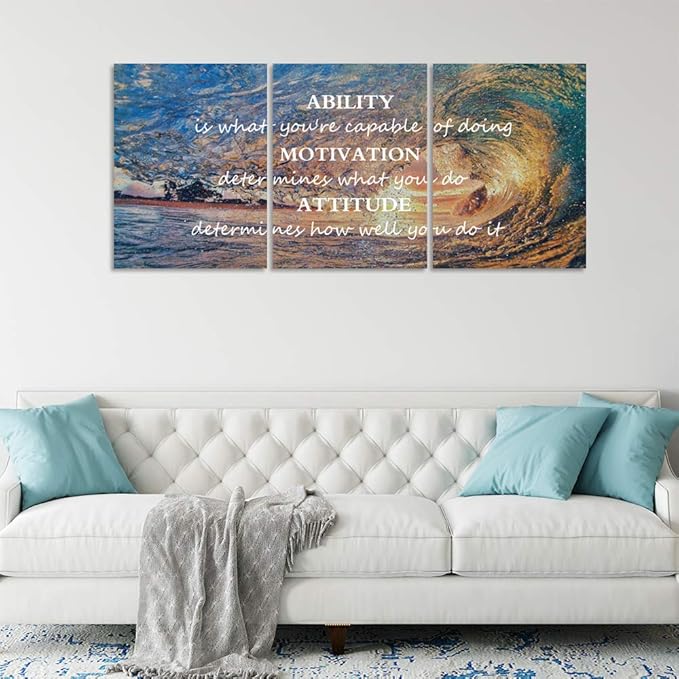Inspirational Posters Motivational Wall Art Canvas Painting Sunrise Blue Sea Ocean Natural Landscape Wall Decor Sunset Ocean Beach Wall Art Poster Seascape Prints Artwork Wooden Framed - 36" Wx16 H