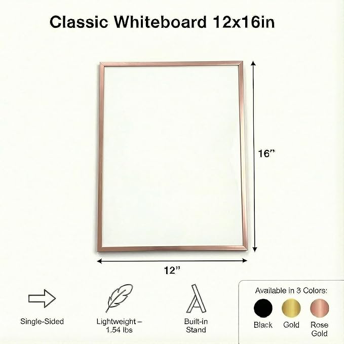 Small Whiteboard 12 x 16 Inch Magnetic Dry Erase Board with Stand & Wall Mount | Rose Gold Aluminum Frame | Planner Board with Weekly & Monthly Sheets | 3 Markers, Eraser & 2 Magnets