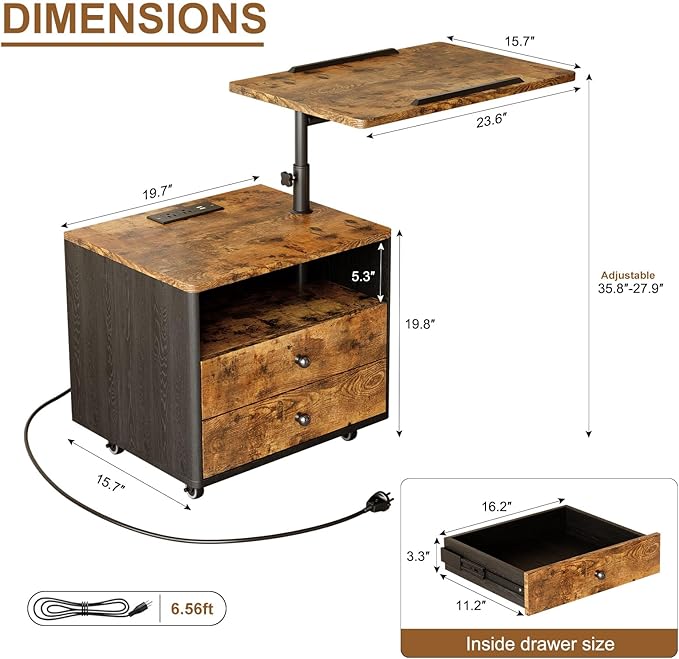 Bedroom Nightstand with Drawers & Charging Station, Adjustable Height Bedside Table with Wheels, Wooden Small Sofa Side Tables with Storage for Living Room, Rustic Brown