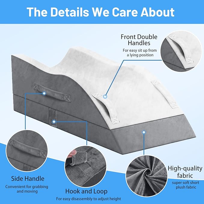 Double Leg Elevation Pillows, Wedge Pillow for After Surgery, Memory Foam Support Adjustable, Comfort Care for Back Knee Hip Ankles Pain, Knee Pillow for Sleeping Blood Circulation Dark Grey & White
