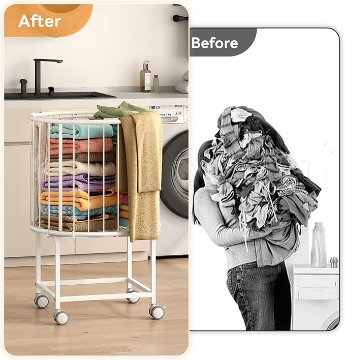 29-Gallon(110 L) Laundry Basket with Wheels,Rolling Round Metal Laundry Basket Cart with Elastic Cord,2 Locking Wheels-White