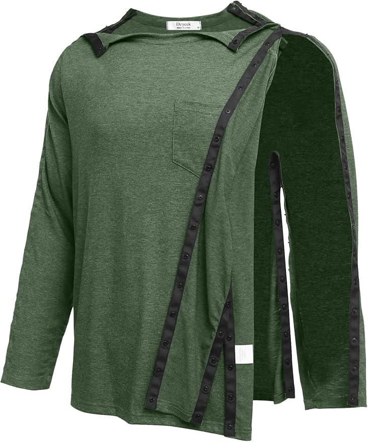 Deyeek Men's Post Shoulder Surgery Recovery Shirts Full Tear Away Long Sleeve Snap Chemo Port Access Shirt